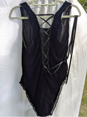 Black Lace-Trim Velvet Bodysuit with Back Ribbon Detail